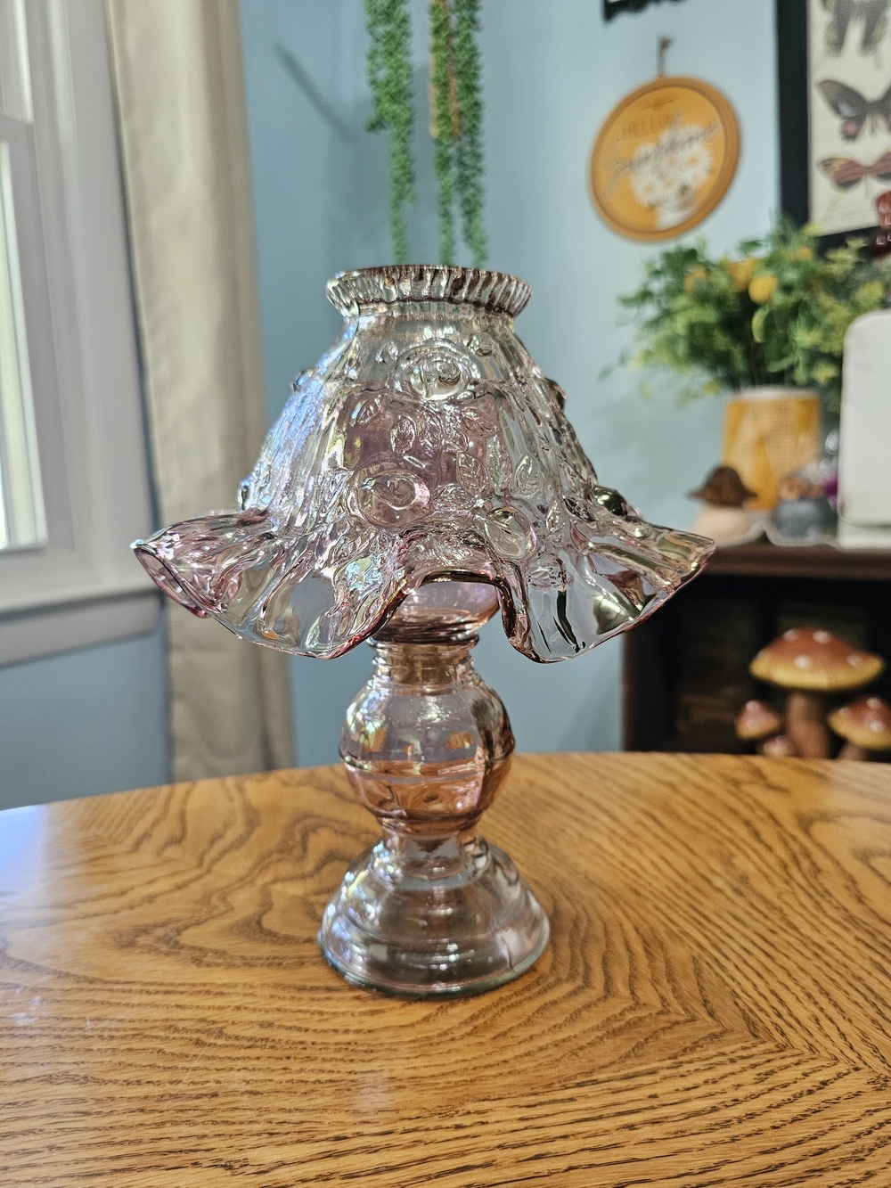 Vintage Fenton Dusty Pink Cabbage Rose 3 piece Fairy Lamp Ruffle Lavender Dreamy